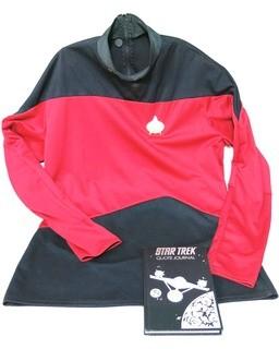 Retro Star Trek The Next Generation Deluxe Red Command Uniform Shirt with Battery Operated Communicator Badge Pin and Book.