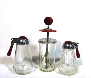 Art Deco Syrup Dispensers with Red Bakelite Handles and Pump Mixer with Bakelite Knob. 