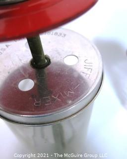 Art Deco Syrup Dispensers with Red Bakelite Handles and Pump Mixer with Bakelite Knob. 