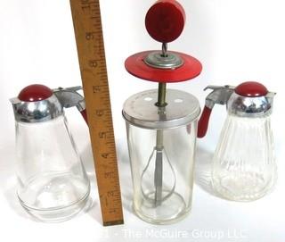 Art Deco Syrup Dispensers with Red Bakelite Handles and Pump Mixer with Bakelite Knob. 