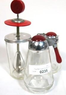 Art Deco Syrup Dispensers with Red Bakelite Handles and Pump Mixer with Bakelite Knob. 