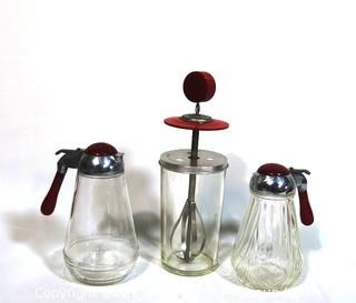 Art Deco Syrup Dispensers with Red Bakelite Handles and Pump Mixer with Bakelite Knob. 