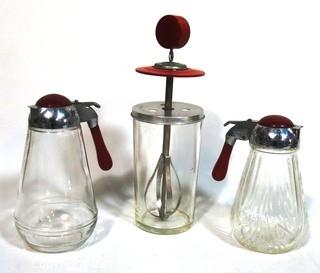 Art Deco Syrup Dispensers with Red Bakelite Handles and Pump Mixer with Bakelite Knob. 