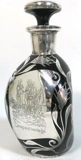 Antique Circa 1930, Haig & Haig Pinch Glass Decanter Bottle (Scotland) with Stopper and Sterling Silver Overlay.  Originally Given as a Trophy in a Golf Tournament.  Engraving Reads "One Up, Two to Go".  Measures approximately  9" tall.