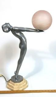 Art Deco Pewter Lamp of Woman with Outstretched Arms Holding Pink Glass Globe Shade on Marble Base.  Measures approximately 25" tall.  