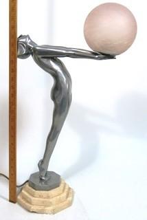 Art Deco Pewter Lamp of Woman with Outstretched Arms Holding Pink Glass Globe Shade on Marble Base.  Measures approximately 25" tall.  