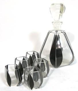 Palda Bohemian Czech Art Deco Cut Glass Liquor Decanter with Black Lotus Decoration and  5 Glasses.  <br> <br> Many of the Karl Palda Bohemian Art Deco cut glass pieces in this auction were featured in the book “Collectible Bohemian Glass (1915 – 1945) Volume II” by Robert & Deborah Truitt.