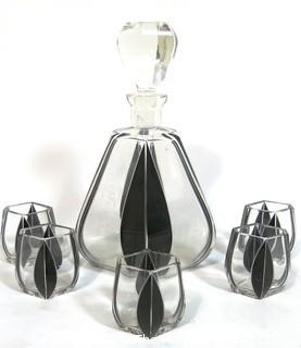 Palda Bohemian Czech Art Deco Cut Glass Liquor Decanter with Black Lotus Decoration and  5 Glasses.  <br> <br> Many of the Karl Palda Bohemian Art Deco cut glass pieces in this auction were featured in the book “Collectible Bohemian Glass (1915 – 1945) Volume II” by Robert & Deborah Truitt.