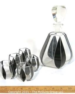 Palda Bohemian Czech Art Deco Cut Glass Liquor Decanter with Black Lotus Decoration and  5 Glasses.  <br> <br> Many of the Karl Palda Bohemian Art Deco cut glass pieces in this auction were featured in the book “Collectible Bohemian Glass (1915 – 1945) Volume II” by Robert & Deborah Truitt.