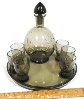 Grey Czech Art Deco Cut Glass Liquor Decanter with 6 Glasses on Round Glass Tray. 