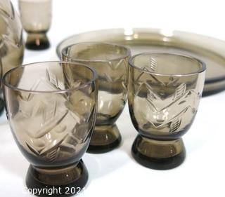 Grey Czech Art Deco Cut Glass Liquor Decanter with 6 Glasses on Round Glass Tray. 