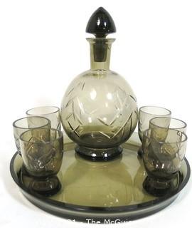 Grey Czech Art Deco Cut Glass Liquor Decanter with 6 Glasses on Round Glass Tray. 