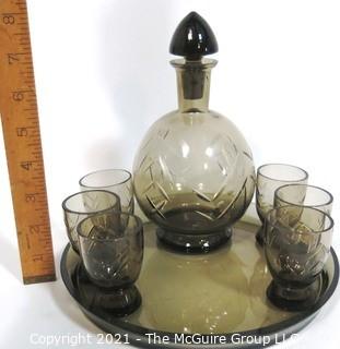 Grey Czech Art Deco Cut Glass Liquor Decanter with 6 Glasses on Round Glass Tray. 