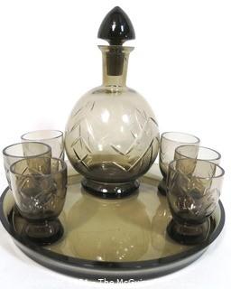 Grey Czech Art Deco Cut Glass Liquor Decanter with 6 Glasses on Round Glass Tray. 