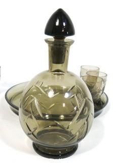 Grey Czech Art Deco Cut Glass Liquor Decanter with 6 Glasses on Round Glass Tray. 