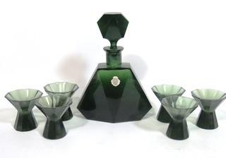 Emerald Green Bohemian Czech Art Deco Cut Glass Liquor Decanter with  6 Glasses.