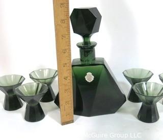 Emerald Green Bohemian Czech Art Deco Cut Glass Liquor Decanter with  6 Glasses.