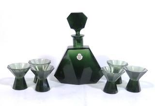 Emerald Green Bohemian Czech Art Deco Cut Glass Liquor Decanter with  6 Glasses.