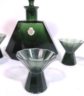 Emerald Green Bohemian Czech Art Deco Cut Glass Liquor Decanter with  6 Glasses.