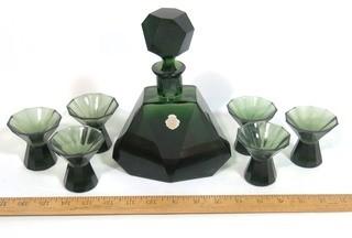 Emerald Green Bohemian Czech Art Deco Cut Glass Liquor Decanter with  6 Glasses.