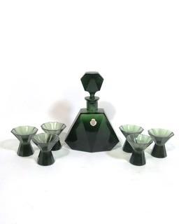 Emerald Green Bohemian Czech Art Deco Cut Glass Liquor Decanter with  6 Glasses.