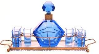 Blue Bohemian Czech Art Deco Cut Glass Liquor Decanter with 6 Glasses in Metal Mirrored Tray.