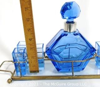 Blue Bohemian Czech Art Deco Cut Glass Liquor Decanter with 6 Glasses in Metal Mirrored Tray.