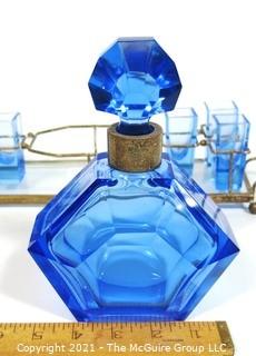 Blue Bohemian Czech Art Deco Cut Glass Liquor Decanter with 6 Glasses in Metal Mirrored Tray.