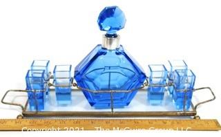 Blue Bohemian Czech Art Deco Cut Glass Liquor Decanter with 6 Glasses in Metal Mirrored Tray.