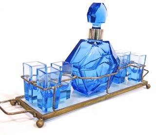 Blue Bohemian Czech Art Deco Cut Glass Liquor Decanter with 6 Glasses in Metal Mirrored Tray.