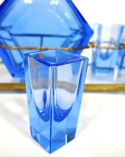 Blue Bohemian Czech Art Deco Cut Glass Liquor Decanter with 6 Glasses in Metal Mirrored Tray.