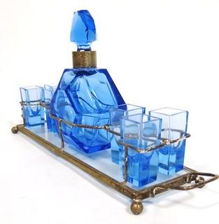 Blue Bohemian Czech Art Deco Cut Glass Liquor Decanter with 6 Glasses in Metal Mirrored Tray.