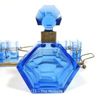 Blue Bohemian Czech Art Deco Cut Glass Liquor Decanter with 6 Glasses in Metal Mirrored Tray.