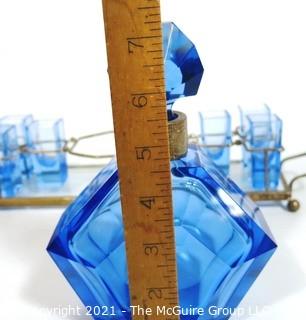 Blue Bohemian Czech Art Deco Cut Glass Liquor Decanter with 6 Glasses in Metal Mirrored Tray.