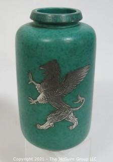 Gustavsberg Argenta Stoneware Pottery Vase Designed by Wilhelm Kage with Silver Lion on Jade Green Base.  Measures approximately 11" tall