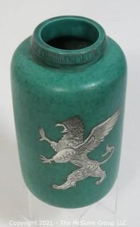 Gustavsberg Argenta Stoneware Pottery Vase Designed by Wilhelm Kage with Silver Lion on Jade Green Base.  Measures approximately 11" tall