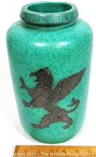 Gustavsberg Argenta Stoneware Pottery Vase Designed by Wilhelm Kage with Silver Lion on Jade Green Base.  Measures approximately 11" tall