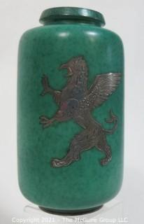 Gustavsberg Argenta Stoneware Pottery Vase Designed by Wilhelm Kage with Silver Lion on Jade Green Base.  Measures approximately 11" tall