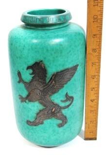 Gustavsberg Argenta Stoneware Pottery Vase Designed by Wilhelm Kage with Silver Lion on Jade Green Base.  Measures approximately 11" tall