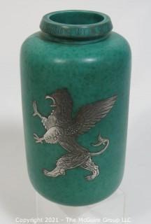 Gustavsberg Argenta Stoneware Pottery Vase Designed by Wilhelm Kage with Silver Lion on Jade Green Base.  Measures approximately 11" tall