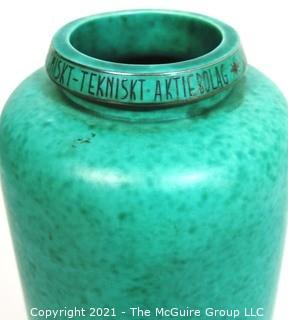 Gustavsberg Argenta Stoneware Pottery Vase Designed by Wilhelm Kage with Silver Lion on Jade Green Base.  Measures approximately 11" tall