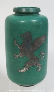 Gustavsberg Argenta Stoneware Pottery Vase Designed by Wilhelm Kage with Silver Lion on Jade Green Base.  Measures approximately 11" tall