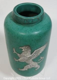 Gustavsberg Argenta Stoneware Pottery Vase Designed by Wilhelm Kage with Silver Lion on Jade Green Base.  Measures approximately 11" tall