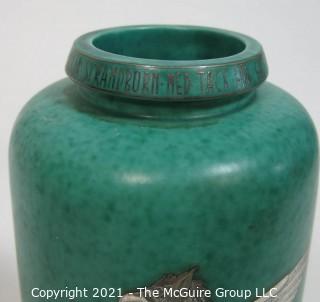 Gustavsberg Argenta Stoneware Pottery Vase Designed by Wilhelm Kage with Silver Lion on Jade Green Base.  Measures approximately 11" tall