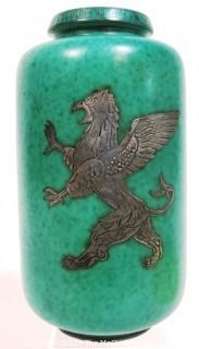 Gustavsberg Argenta Stoneware Pottery Vase Designed by Wilhelm Kage with Silver Lion on Jade Green Base.  Measures approximately 11" tall