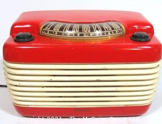 Red & White Wall Mount Art Deco Philco Cabinet Electric Radio in Working Condition.  Measures approximately 12" wide. 