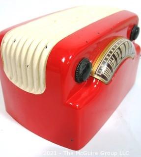 Red & White Wall Mount Art Deco Philco Cabinet Electric Radio in Working Condition.  Measures approximately 12" wide. 