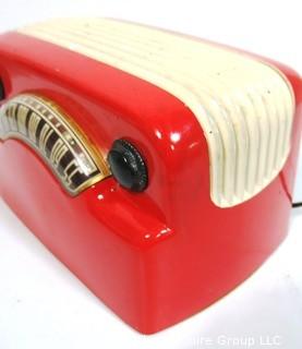 Red & White Wall Mount Art Deco Philco Cabinet Electric Radio in Working Condition.  Measures approximately 12" wide. 