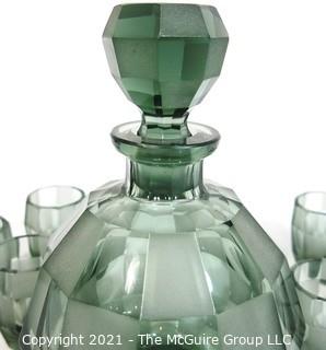 Smokey Bohemian Czech Art Deco Cut Glass Liquor Decanter with 6 Geometric Cut Glasses.