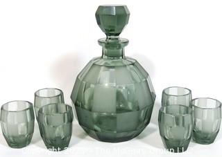 Smokey Bohemian Czech Art Deco Cut Glass Liquor Decanter with 6 Geometric Cut Glasses.